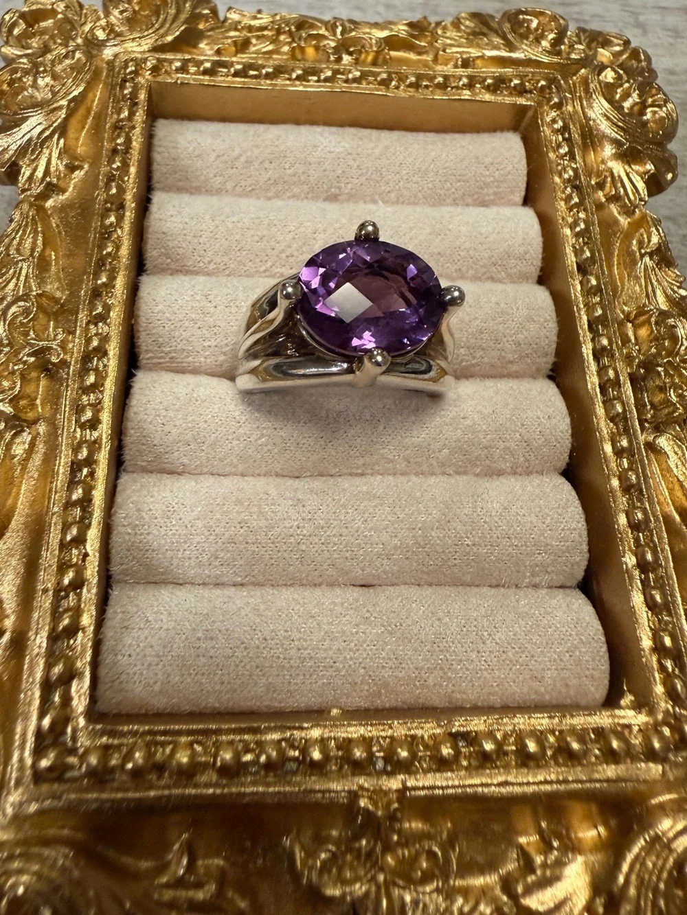 Vintage Sterling Silver 925 Large Oval Amethyst Split Band Ring - Size 5.75